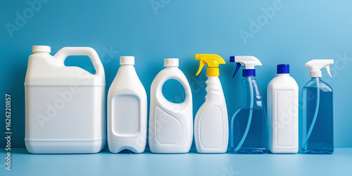 Assorted white and clear plastic bottles with blue liquid cleaning supplies spray bottles
