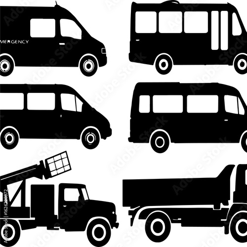 Six black silhouettes of vehicles presented in two clean horizontal rows on a white background. The top row includes an emergency van labeled 