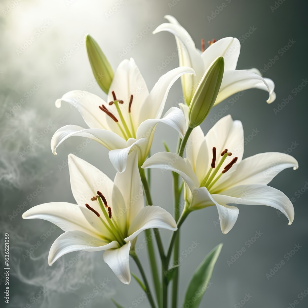 Fototapeta premium Bunch of white lilies with soft smoke. Flowers have delicate petals, green stems and greenery. Natural beauty, tranquil setting, elegant artistry, soft light create calm minimalism.