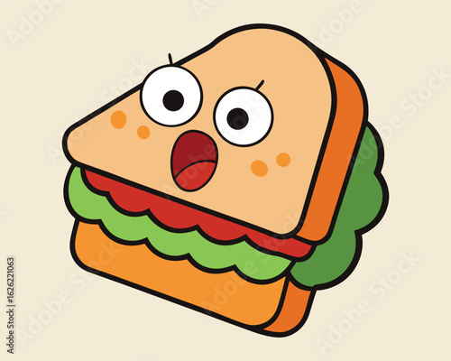 Vector art of a surprised cartoon sandwich character with wide eyes and an open mouth, isolated on a light background, representing a funny and unexpected .food experience