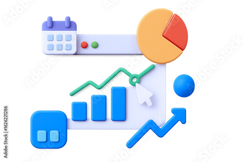 Transparent PNG of Data Analysis Icons: Calendar, Pie Chart, Line & Bar Graphs, Upward Arrow, and Cursor – Stylized Visuals for Business Metrics & Analytics Design