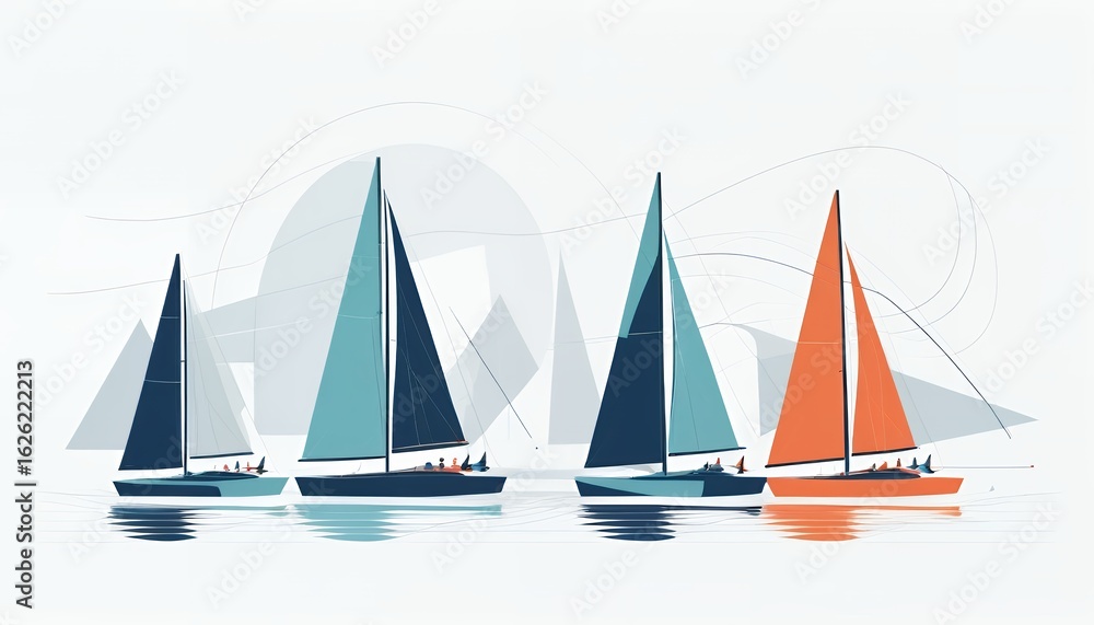 Fototapeta premium Colorful Modern Sailboats Racing in a Regatta on a White Background