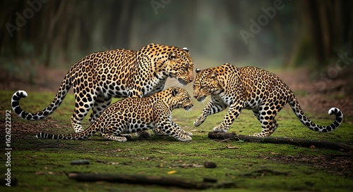 A tender moment of a wild leopard family, with two adults and a young cub interacting in a lush forest.