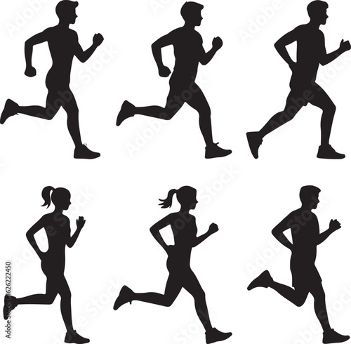 Running and Fitness Silhouettes Male and Female Athletes in Sportwear, Front and Side ProfileRunning and Fitness Silhouettes Male and Female Athletes in Sportwear, Front and Side Profile