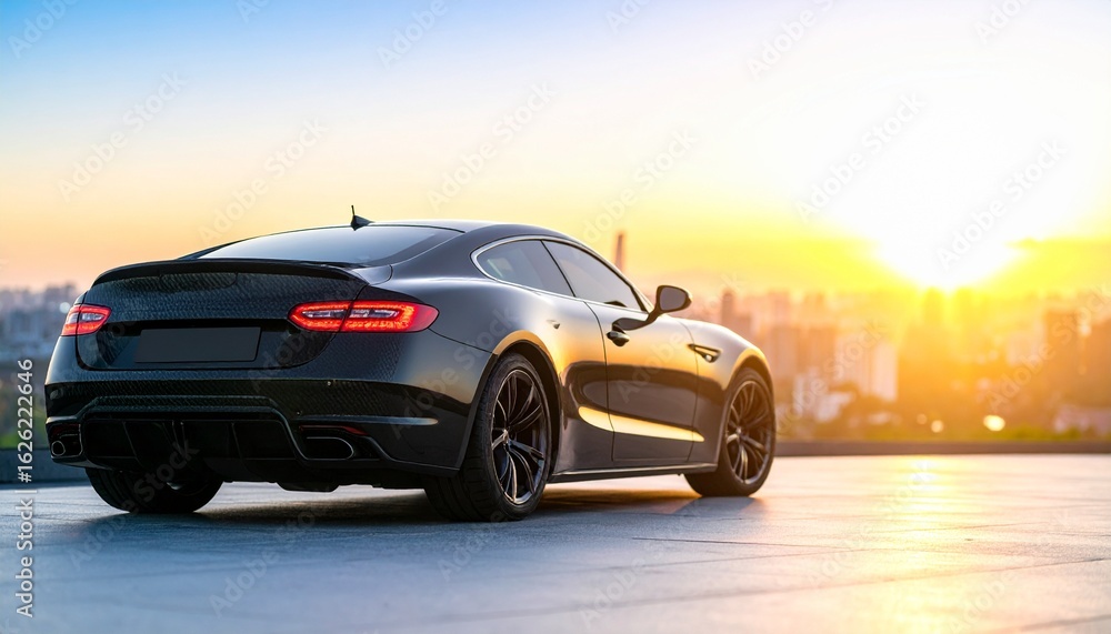 Fototapeta premium Sleek black sports coupe parked on a rooftop, silhouetted against a stunning golden sunset over a sprawling city skyline.