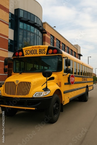Yellow school bus parked in front of a modern educational building