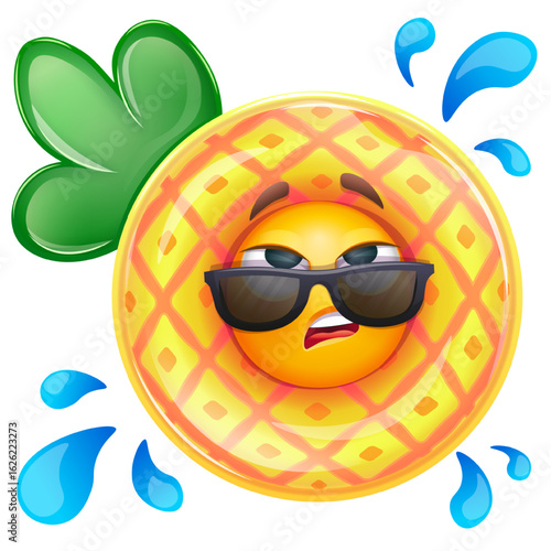 Happy emoji in pineapple inflatable swimming pool ring. Summer emoticon with sunglases on white background. Positive vibes, good mood, vacation, travel, holiday concept