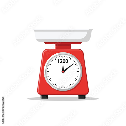 Vector illustration of red kitchen scale with a dial and pointer, isolated on white background