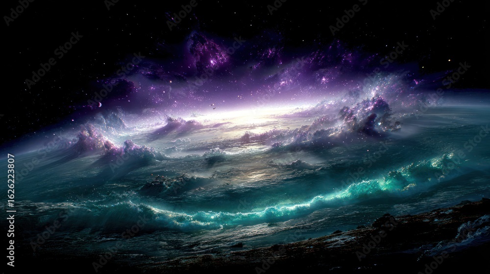 Fototapeta premium Alien planet, vibrant nebulae, swirling clouds