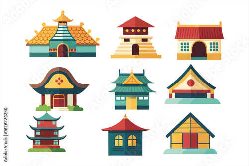 Set of traditional asian architecture buildings, including pagodas and temples, with intricate designs and colorful roofs, isolated on white background
