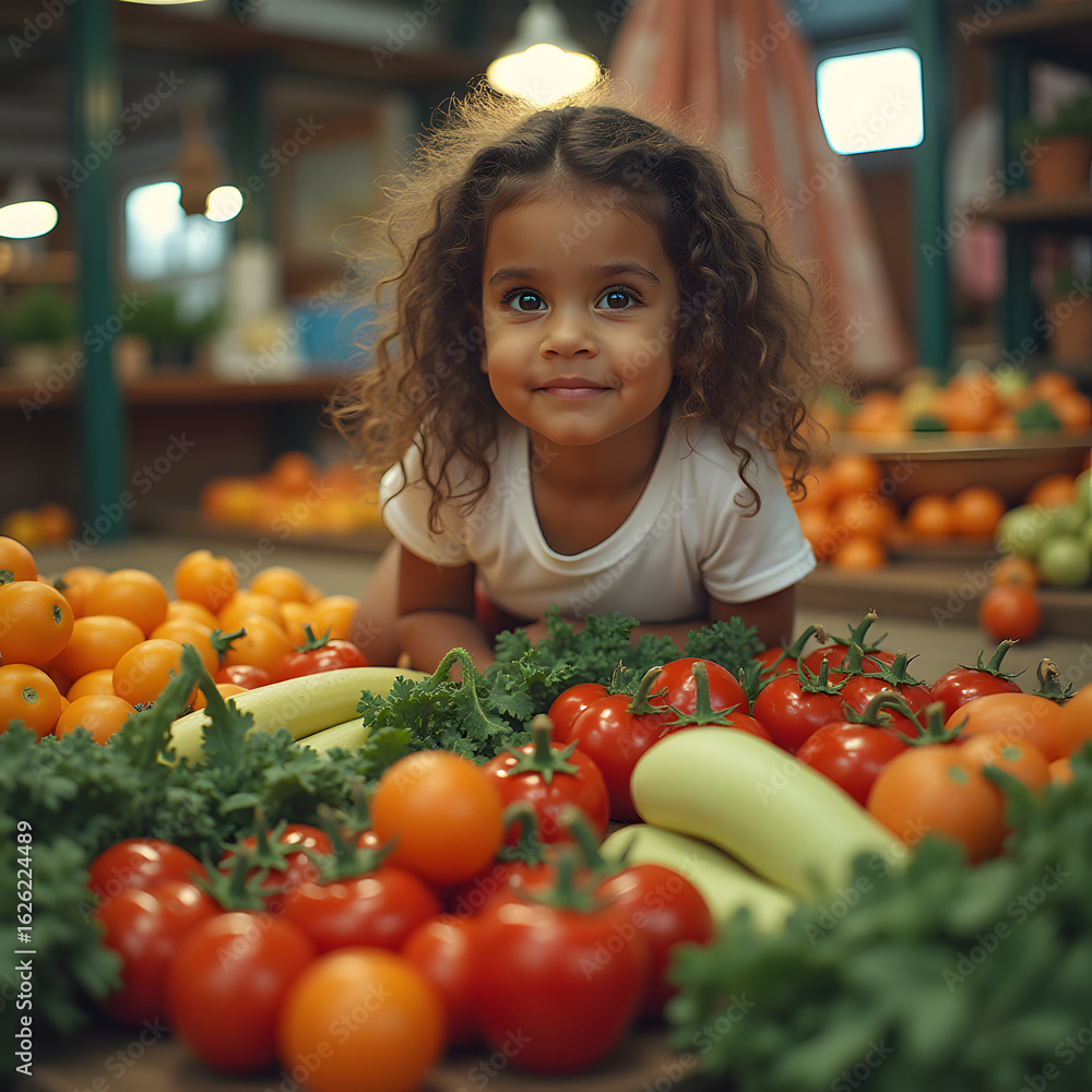 Adorable young child sitting on the floor with fresh vegetables Adorable young child sitting on the floor with fresh vegetables