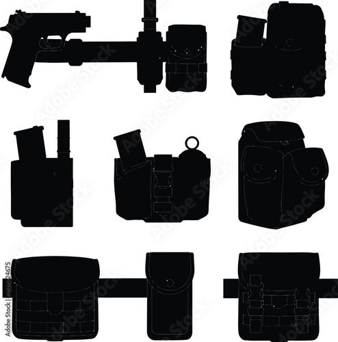 Assorted Tactical Gear Silhouettes: A Vector Set of Military and Police Equipment, Featuring Holsters and Pouches.