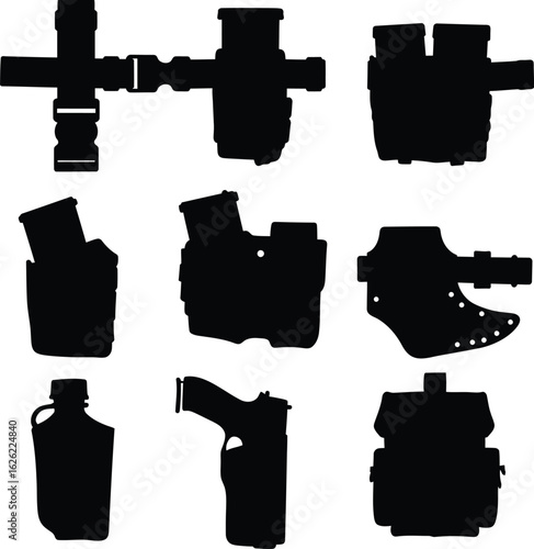 Assorted Tactical Gear Silhouettes: A Vector Set of Military and Police Equipment, Featuring Holsters and Pouches.