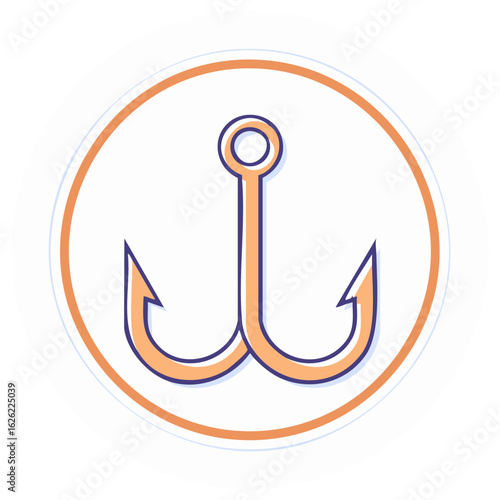 Modern double barbed fishing hook icon illustration with orange fill and blue outline in a circular frame