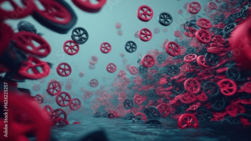 Wallpaper Mural Red and black wheels rain down on teal water Torontodigital.ca