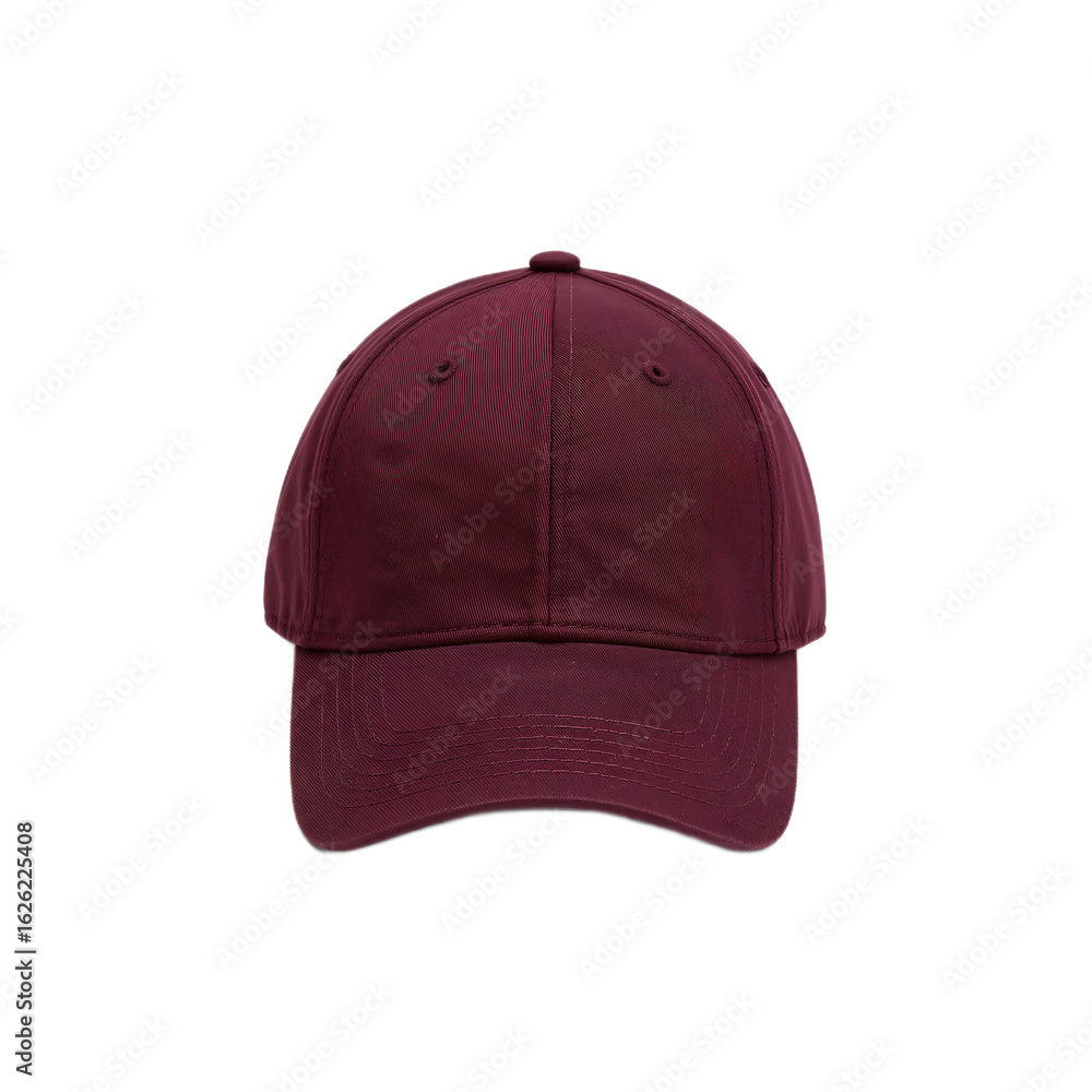 A maroon baseball cap isolated on a white background, front view. A maroon baseball cap isolated on a white background, front view.