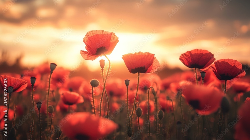 Fototapeta premium Red poppy field at sunset