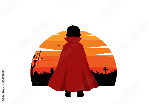 Boy in red cape looking at sunset over graveyard landscape  