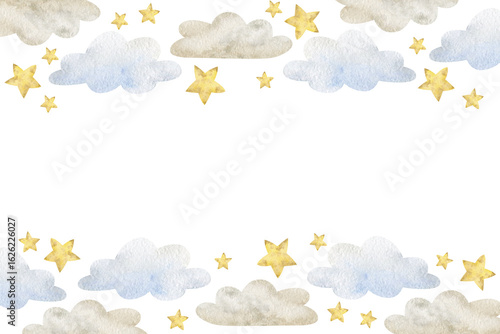 Watercolor illustrations clouds and stars. Frame in vintage pastel color. Horizontal template for design newborn cards, invitations to birth baby, posters, holiday, wallpaper, printing, packaging.