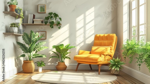 Sunny corner reading nook with plants and a yellow armchair