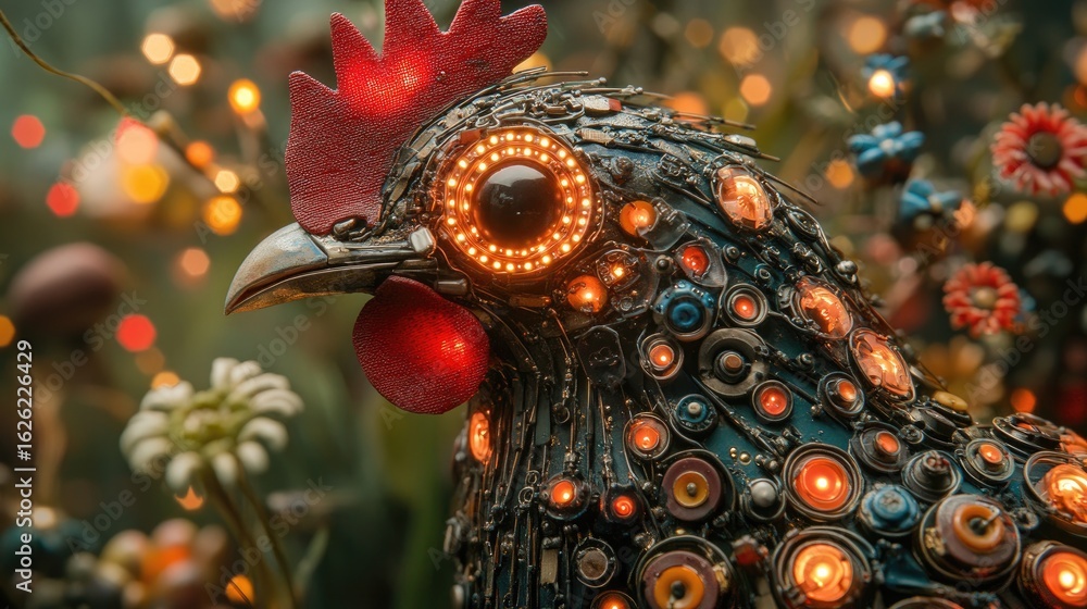Naklejka premium Steampunk Style Rooster Sculpture with Lighted Eyes