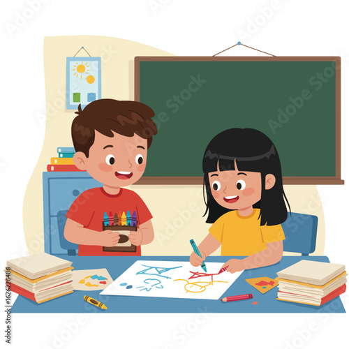Two children happily drawing and coloring together at a classroom desk.