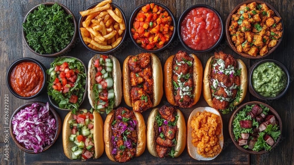 Fototapeta premium Gourmet Vegan Hotdogs with Toppings on Wooden Table