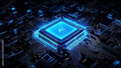 A detailed view of an AI microchip on a circuit board, displaying modern technology illuminated in blue light.