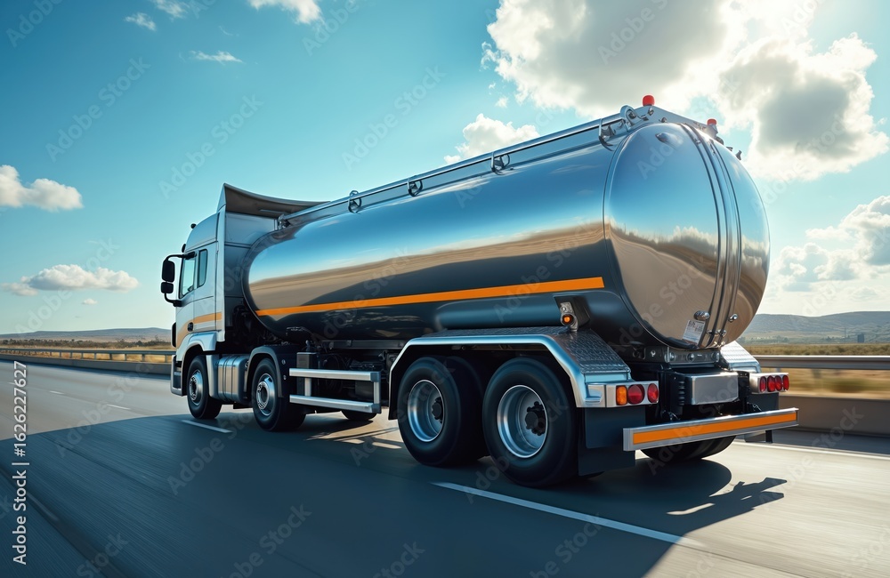 Obraz premium Chrome tanker truck drives on highway hauling oil products for fuel delivery, logistics. Compressed gas carrier represents cargo industry, vital for distribution, supply chain operations on