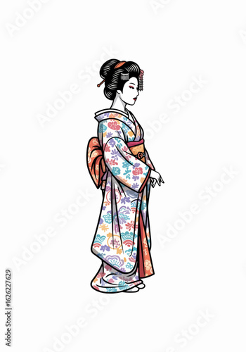 Japanese geisha in a detailed kimono standing elegantly against plain background. Japanese geisha's attire shows traditional Japanese art, which is an iconic image.