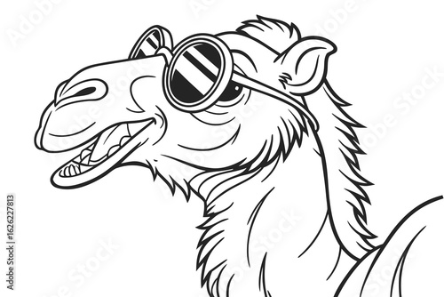 Coloring Pages, funny camel with sunglasses, cartoon style, uncolored line art