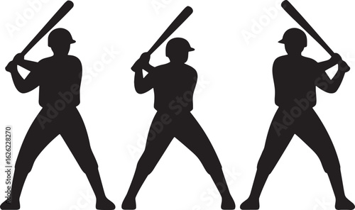 Three baseball batters in silhouette on white player