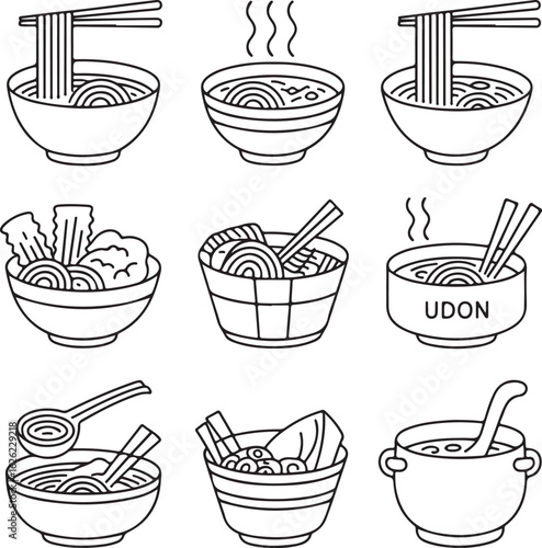 Asian Noodles and Soup Icons – Outline Vector Set of Ramen, Broth Bowls, Chopsticks, and Hot MealsAsian Noodles and Soup Icons – Outline Vector Set of Ramen, Broth Bowls, Chopsticks, and Hot Meals