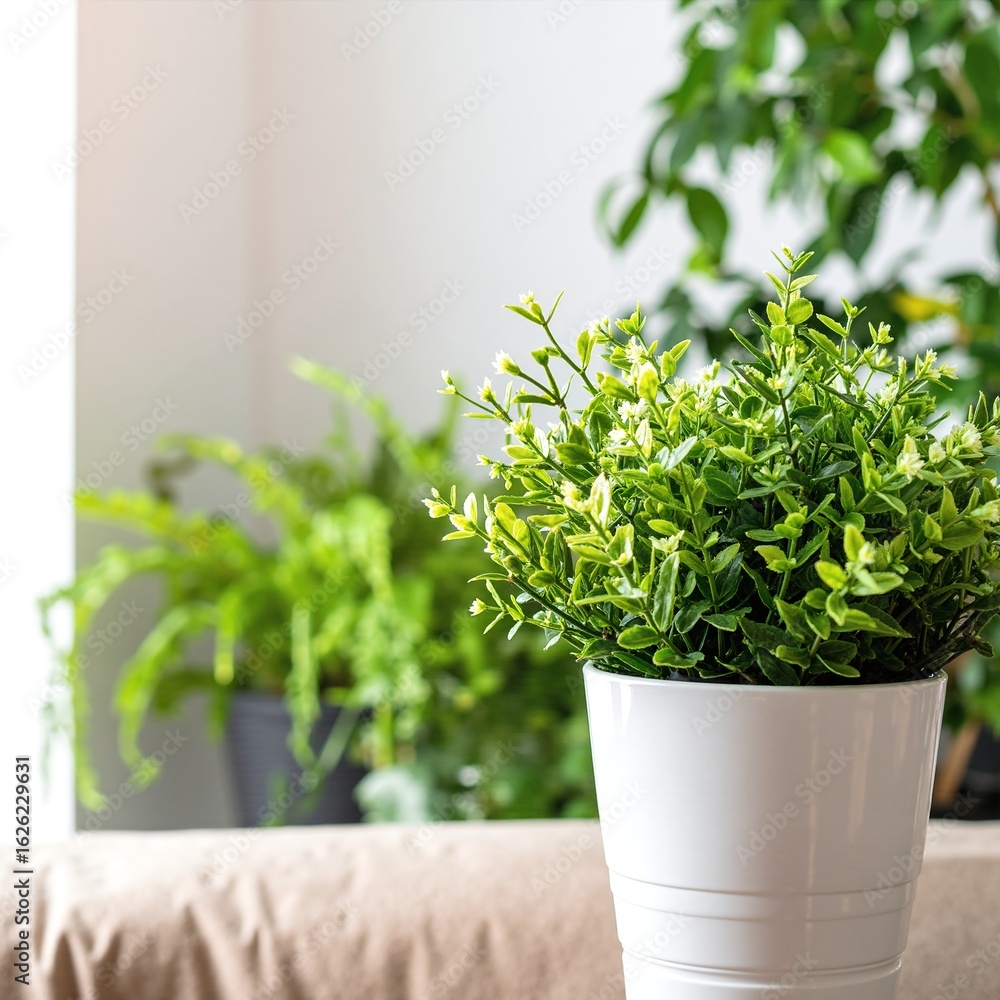 Fototapeta premium A vibrant pot filled with lush green plants, showcasing various leaf shapes and textures, set against a soft, neutral background for contrast.