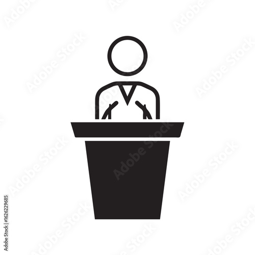 Simple black and white icon of a person speaking behind a podium, giving a presentation.