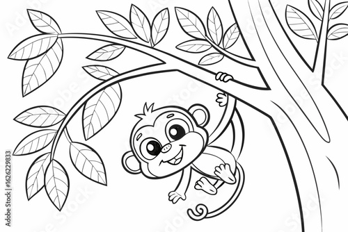 Coloring Pages, funny monkey hanging on tree, cartoon style, coloring book