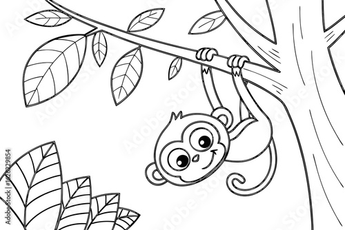 Coloring Pages, funny monkey hanging on tree, cartoon style, coloring book