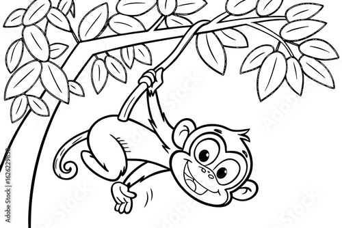 Coloring Pages, funny monkey hanging on tree, cartoon style, coloring book