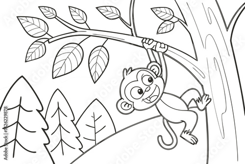 Coloring Pages, funny monkey hanging on tree, cartoon style, coloring book