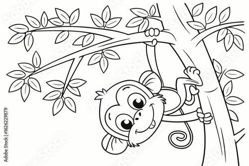Coloring Pages, funny monkey hanging on tree, cartoon style, coloring book