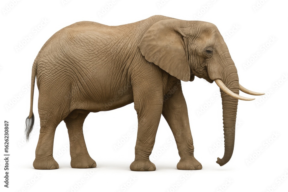 Fototapeta premium Full-length side profile of a majestic African elephant with large tusks walking, isolated on a clean white background