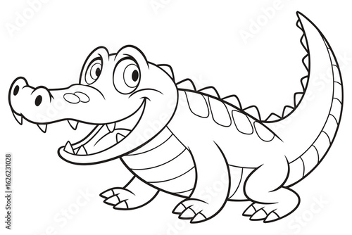 Coloring Pages, happy crocodile with a big smile, cartoon style, uncolored, for coloring book