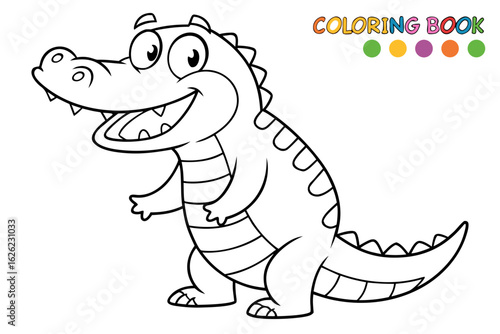 Coloring Pages, happy crocodile with a big smile, cartoon style, uncolored, for coloring book