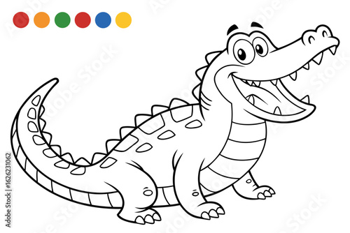 Coloring Pages, happy crocodile with a big smile, cartoon style, uncolored, for coloring book