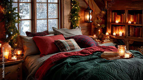 A snug bedroom in a rustic alpine cabin, with warm candlelight creating a cozy holiday atmosphere by a snowy window.