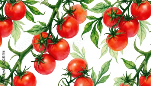 Watercolor illustration of ripe red tomatoes on vine with green leaves. Vibrant vegetable pattern perfect for summer harvest themes or decorative fabric prints. Juicy, fresh, healthy ingredients.