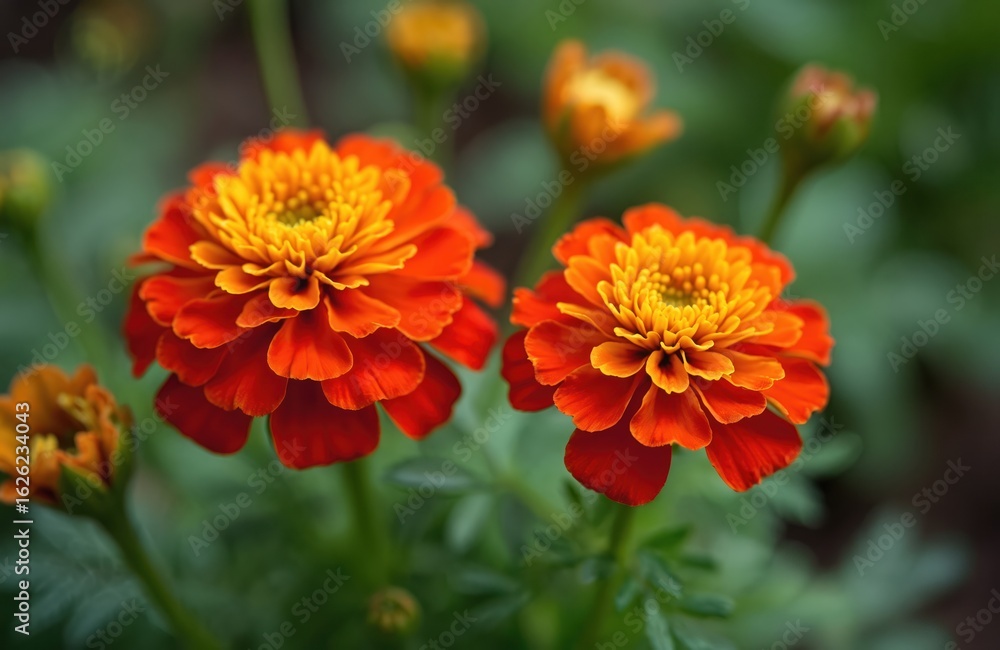 Close-up of vibrant red French marigold flowers blooming in garden. Colorful blossoms with orange centers add beauty to natural outdoor spaces. Marigolds popular for bright appearance, often used in Close-up of vibrant red French marigold flowers blooming in garden. Colorful blossoms with orange centers add beauty to natural outdoor spaces. Marigolds popular for bright appearance, often used in