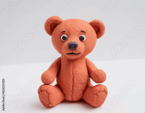 The bear is sitting in a classic pose with its limbs slightly spread and a gentle, friendly expression. Its body has a distinct, wrinkled or fibrous texture, giving it a handcrafted, slightly rustic 