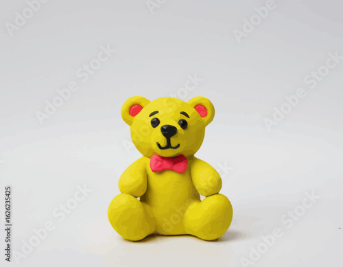 The bear is sitting in a classic pose with its limbs slightly spread and a gentle, friendly expression. Its body has a distinct, wrinkled or fibrous texture, giving it a handcrafted, slightly rustic 