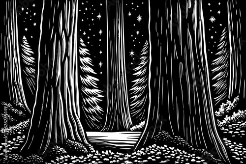 Dark night in Redwood Forest with giant trees and stars, black and white line art illustration